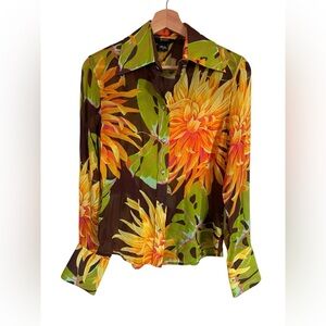 Vtg Body By Victoria Top S Hawaiian Floral 100% Silk floral sheer Rhinestone Y2K